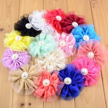 3.94" Tulle Lace Flower With Pearl Rhinestone Single Flowers girls Hair Accessories Free Shipping 100pcs/lot 2024 - buy cheap