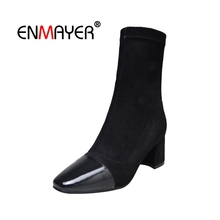 ENMAYER bolso mujer botas cortas para invierno zapatos del dedo del pie cuadrado negro tamaño 34-40 Causal rebaño Med tacones deslizamiento en tacones gruesos CR1627 2024 - compra barato