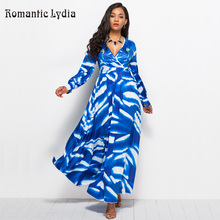Floral V Neck Maxi Dress 2018 Autumn Women Blue Dresses Long Sleeve Ankle-Length Vintage Party Dresses 2024 - buy cheap