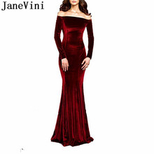JaneVini 2019 Burgundy Prom Dresses Long Sleeve Velvet Evening Gown for Plus Size Woman Mermaid Off Shoulder Gala Party Dress 2024 - buy cheap
