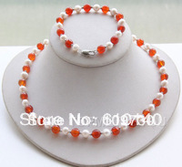 Jewelry Beautiful Natural white pearls red e necklace bracelet SET 2024 - buy cheap