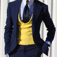 Fashionable One Button Navy Blue Groom Tuxedos Notch Lapel Groomsmen Men Blazers 3 pieces Suits (Jacket+Pants+Vest+Tie) NO:260 2024 - buy cheap