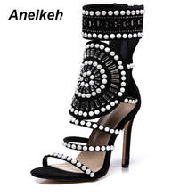 Aneikeh Women Fashion Open Toe Rhinestone Design High Heel Sandals Crystal Ankle Wrap Glitter Diamond Gladiator Sandals Black 2024 - buy cheap