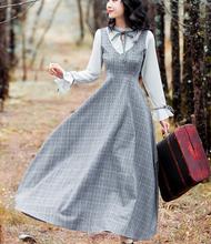 High Quality Best-selling  Retro Elegant 2019 Spring New Arrival Stand  Collar Plaid Woman Long Cotton Dress Grey 2024 - buy cheap