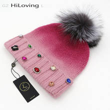 Super Beautiful Womens Winter Beanie Hat With Real Sliver Fox Fur Pompom Fur Bobble Hat High Quality Diamond Wool Knitted Hats 2024 - buy cheap