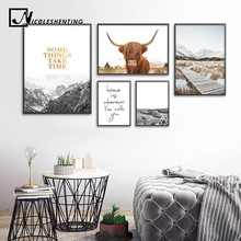 Wall Art Landscape Canvas Poster Nordic Print Mountain Highland Cow Painting Scandinavian Decoration Picture Living Room Decor 2024 - buy cheap