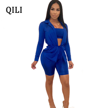 QILI Mulheres 3 peça Conjunto Macacão Macacão Azul Do Exército-verde de Manga Longa Com Cinto Casual Romper Sexy Clube Do Partido jumpsuits 2024 - compre barato