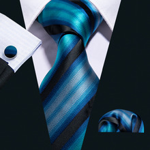 8.5cm Fahsion Blue Striped 100% Silk Tie Set For Men Wedding Groom Gift Barry.Wang Dropshipping Neckties Handkerchief FA-5004 2024 - buy cheap