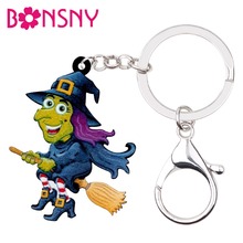 Bonsny Acrylic Halloween Happy Flying Witch Key Chain Keychain Ring Anime Decoration Jewelry For Women Girl Bag Purse Charms New 2024 - buy cheap