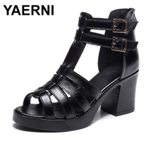 YAERNI  Summer new genuine leather casual sandals female thick high-heeled leisure fish mouth waterproof platform female sandals 2024 - buy cheap