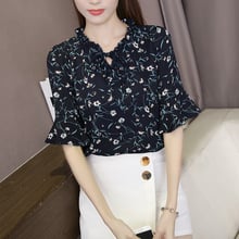 Floral chiffon shirt summer 2019 new women's dress shirt sexy casual fashion commuter five-point trumpet sleeves chiffon shirt 2024 - buy cheap