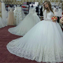 2021 Vintage Long Sleeves Lace Ball Gown Wedding Dresses Illusion Neckline Long Sleeve Court Train Plus Size Wedding Bridal Gown 2024 - buy cheap