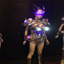 BS05 Ballroom dance led light costumes stage armor wears robot suit dj singer dress bar bodysuit performance silver mirror cloth 2024 - buy cheap