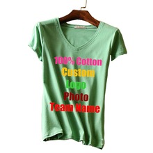 Camiseta de algodón con cuello en V para mujer, Blusa de manga corta con logotipo personalizado, diseño de texto impreso, camisetas en blanco sólido para mujer 2024 - compra barato