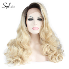 Sylvia Blonde Synthetic Lace Front Wigs with Dark Roots Side Part Body Wave Long Heat Resistant Fiber Hair For Women 2024 - buy cheap