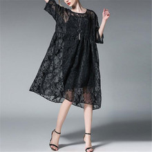 BUYKUD 2018 Summer Embroidery Pleated Elegant Midi Dress Women Loose Round Neck Short Sleeve Solid Lace Dresses With Vest 2024 - buy cheap
