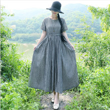 Vintage A-Line Plaid Short Sleeves Long Dress 2019 New Summer Empire O-Neck Literary Style Loose Maxi Dress Large Size XL 2024 - buy cheap
