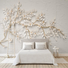 Papel pintado decorativo serie ramas doradas y flores blancas 3d relieve TV Fondo pared 2024 - compra barato