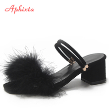 Aphixta-Sandalias de 100% de avestruz para Mujer, zapatos de tacón cuadrado de piel, cuñas de doble uso, tobogán de Interior de talla grande 34-44 2024 - compra barato