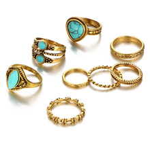 Triangle Midi Finger Knuckle Rings Set Natural Stone Blue Beads Antique Gold Color Ring Hollow Carved Women Boho Jewelry 8 Pcs 2024 - buy cheap