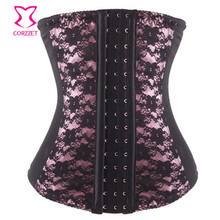 Corpete de cetim feminino sexy com rendas, espartilho cintura rosa/preto floral com retalhos em aço para emagrecimento 2024 - compre barato