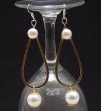 7-8mm Branco Pérola Redonda plana e 12mm Shell Pearl & Gold-cor 22*50mm de metal Gota 3 ''Earring-ear627 2024 - compre barato