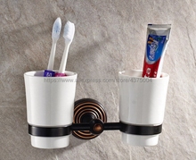 Acessório de banheiro de parede suporte de escova de dentes em bronze esfregado com óleo preto com dois copos de cerâmica nba143 2024 - compre barato