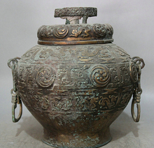 Pote colecionável bronze s1845 12 "bronze antigo chinês circular dragon beast pote pote pote pote pote pote 2024 - compre barato