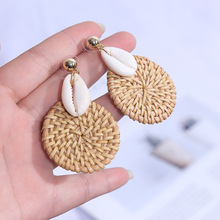 Pendientes redondos de ratán tejido para mujer, aretes colgantes de concha Natural, estilo coreano, 2019 2024 - compra barato