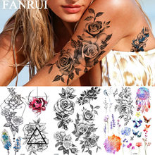 Fanrui sktech tatuagem temporária feminina, tatuagem temporária com flor de rosa, ervilhas doces e lavanda, arte corporal, braço, pescoço, adesivo triangular de tatuagem 2024 - compre barato