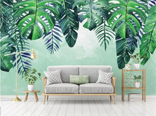Papel de parede minimalista nórdico pintado à mão, folhas tropicais frescas, sofá de tv, personalizado, grande, mural de papel de parede 2024 - compre barato