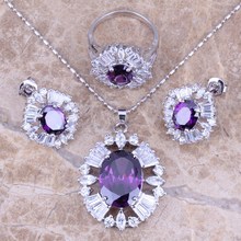 Purple Cubic Zirconia White CZ Silver Plated Jewelry Sets Earrings Pendant Ring Size 6 / 7 / 8 / 9 / 10 S0029 2024 - buy cheap