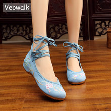 Veowalk Ankle Strap Women Chinese Embroidered Canvas Ballet Flats Comfortable Ladies Casual Cotton Embroidery Ballerina Shoes 2024 - buy cheap