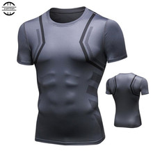 Мужская быстросохнущая футболка, высокая эластичность, 3D облегающая, дышащая, против морщин, топ с короткими рукавами, спортивные футболки с круглым вырезом для фитнеса 2024 - купить недорого