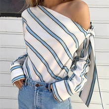 Summer Women New Striped Loose Blouse Fashion Lady Off-shoulder Lace-up Shirt Female Elegant Tops Blouses Long Sleeve Chic Shirt 2024 - buy cheap