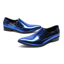 Роскошные блестящие синие Мужские модельные туфли; мужские повседневные туфли-оксфорды без шнуровки на плоской подошве с острым носком; итальянская обувь; Soulier Homme; размера плюс 38-47 2024 - купить недорого