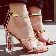 Sandálias de salto alto femininas, com tira de tornozelo, zíper quadrado, dourado, 9.5cm, sapatos sexy 2024 - compre barato