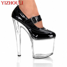 O salto ultra alto sexy 20cm com sola transparente fina, sapato único material pu, sapatos de palco cristalinos da moda de 8 polegadas 2024 - compre barato