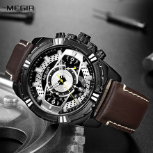Megir relógio esportivo masculino com cronógrafo, quartzo com pulseira de couro, de luxo do exército, relógio masculino 2118 preto 2024 - compre barato