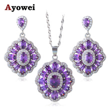 Conjunto de joyería de moda de cristal para mujer, joyería de plata estampada con luz permanente, color púrpura, pendientes, collar, JS660A 2024 - compra barato