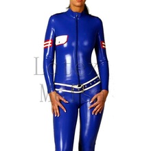 0.4 milímetros de espessura 100% de látex natural catsuit uniforme anexado zip frente para trás da cintura sem cinto na cor azul para mulheres 2024 - compre barato