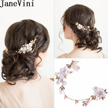 Janevini tiara de noiva, laço de folha dourada, acessórios para casamento, pente de cabelo para noiva, flores de noiva, faixa de cabelo com pérolas 2024 - compre barato