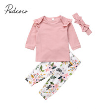 2018 Brand New Toddler Baby Girls Autumn Clothes Sets 3PCS Ruffles Long Sleeve Pullover Pink Tops+Floral Print Pants+Headband 2024 - buy cheap