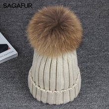 Raccoon Fur Pompom Hat Women's Winter Knitted Hat Female Warm Outdoor Bonnet Hat For Ladies Fashion Elegant Solid Color Beanies 2024 - buy cheap