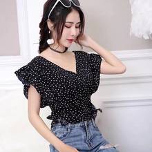 Women Ruffles Chiffon Blouse Women's Tops Dot Print V-Neck Shirts Short Sleeve Lace Up Blouse Top 2024 - buy cheap