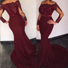 2018 New Cheap Bridesmaid Dresses Off Shoulder Wedding Guest Wear Mermaid Long Sleeves Burgundy Floor Length Party Dress 2024 - buy cheap