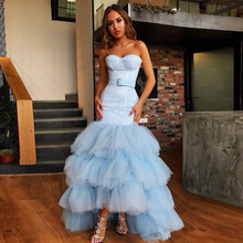 2018 Africa Mermaid Prom Gowns Light Sky Blue Sequins Tiered Tulle Hi Lo Formal Party Dress Evening Gowns Gala jurken Custom 2024 - buy cheap
