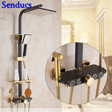 Senducs Hot Sale Black Gold Shower Set Quality Brass Bathroom Shower Faucet Square Rain Shower Head Four Button Black Shower Set 2024 - buy cheap