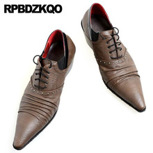 Brown Brand Lace Up Oxfords Runway Large Size Stud Rivet Genuine Leather Men Pointed Toe Dress Shoes High Heel British Style 2024 - buy cheap