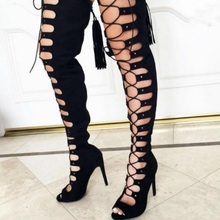 Sexy Black Suede Leather Women High Boots Peep Toe Cut-out Lace-up Over Knee Boots Womens Thin Heels Gladiator Heel Long Boots 2024 - buy cheap